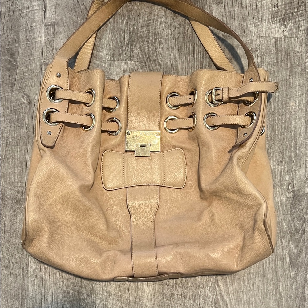 Jimmy Choo Beige Leather Shoulder Bag with Gold Hardware